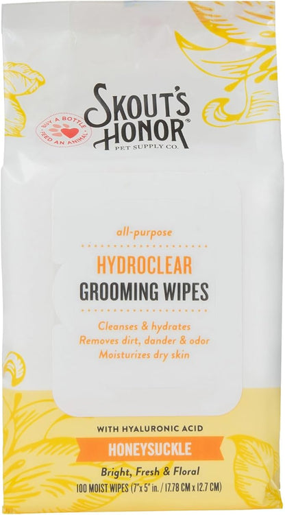 SKOUT'S HONOR HydroClear Grooming Wipes w/Hyaluronic Acid - for Your Dogs and Cats - Great for Hydration of Your Pets Skin and Fur - Honeysuckle Fragrance - 100ct
