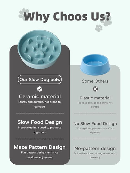 Ceramic 1.5 Cup Slow Feeder Dog Bowl, Slow Feeding Dish for Small & Medium Breeds to Slow Down Eating, Anti-Gulping, Preventing Choking (Turquoise)