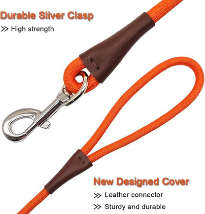 MayPaw 10 FT Dog Leash, Classic Solid Colors, 1/2" Strong Nylon Rope Dog Leash Reinforced with Leather Tailor Connection Heavy Duty Silver Clasp (10ft*1/2", Orange)