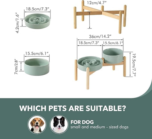 Ceramic 1.2 Cup Raised Slow Feeder Dog Bowl Set, Elevated 6.1inch Bowl and 7.3inch Puzzle Slow Food Dish with Wooden Stand for Medium and Small Dog, Anti-Gulping (2 x Light Green+ Stand)
