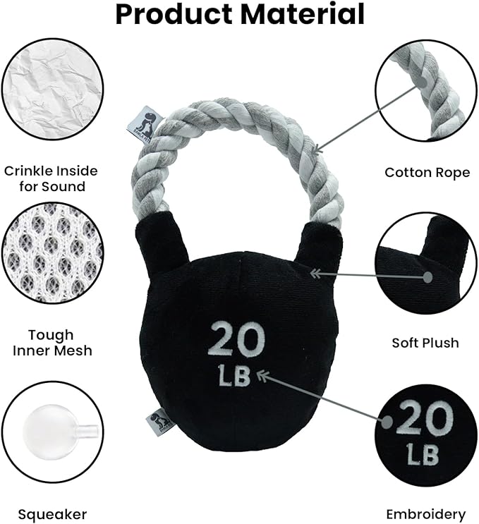 Pets Kettlebell Workout Funny Dog Toy - Parody Plush Multi Inner Mesh Layer Squeaky Crinkle Tough Nylon Rope