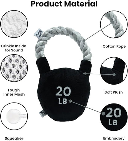 Pets Kettlebell Workout Funny Dog Toy - Parody Plush Multi Inner Mesh Layer Squeaky Crinkle Tough Nylon Rope