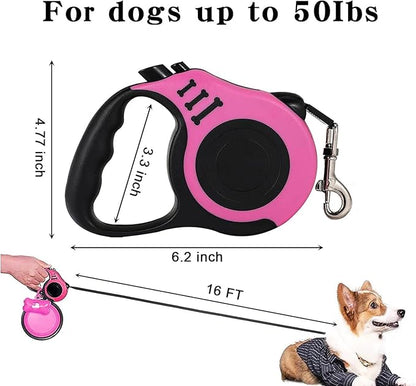 Retractable Heavy Duty Dog Leash - 16FT Pink, Tangle-Free Nylon Tape, Anti-Slip Handle, Waste Bag Dispenser for Small Dog or Cat up to 26 lbs
