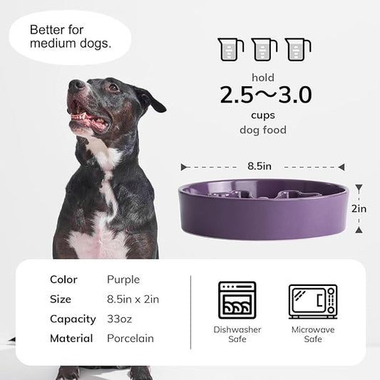 Slow Feeder,Ceramic-Slow Feeder Dog Bowls Medium Breed,Puzzle Food Bowl Maze,2.5 Cups Slow Feed Dog Bowl for Medium Dogs,Purple
