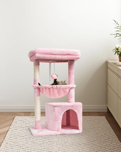 SYANDLVY Small Cat Tree for Indoor Cats, Cat Tower with Scratching Post, Modern Cat House with Padded Perch, Kittens Condo with Cradle, Cat Cave, Pink