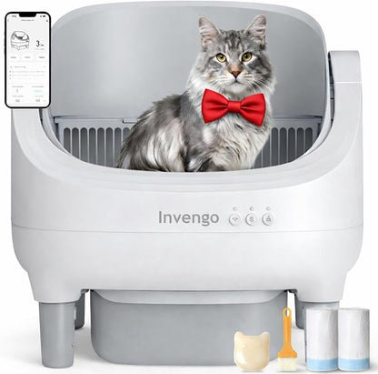 Automatic Cat Litter Box Self Cleaning, App Control, Open-Top Automatic Litter Box with Safety Sensors, Ultra-Quiet, 10.5L Waste Bin with Odor Control, 2 Rolls of Garbage Bags, LightGrey