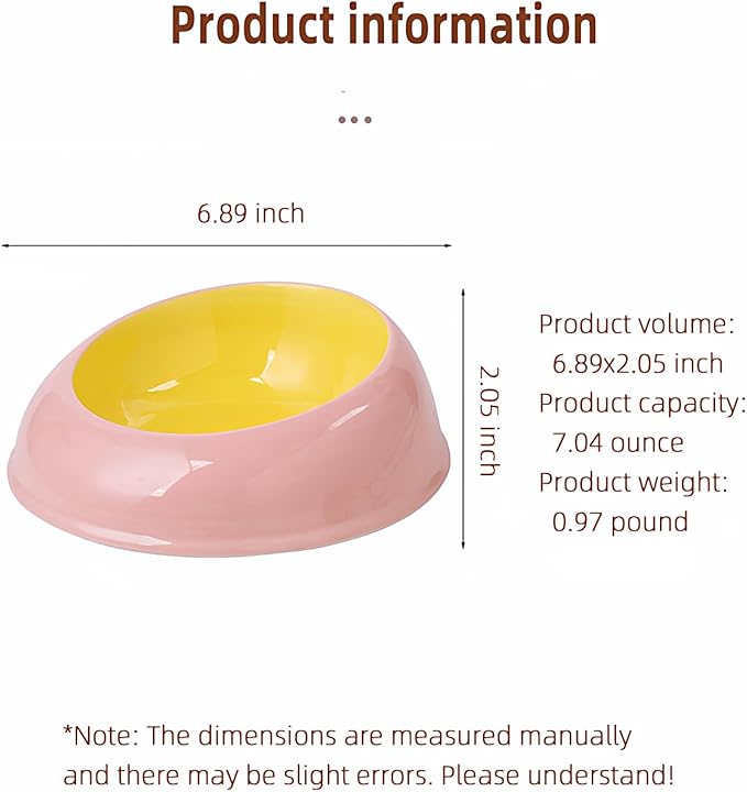 15° Inclined Cat Bowl Optimal Neck Support, Effortless Eating 6.89-Inch Wide and 2.05-Inch Tall Saucer with 7.04-Ounce Capacity Pet Bowl for Cats and Small Dogs（Pink Yellow）