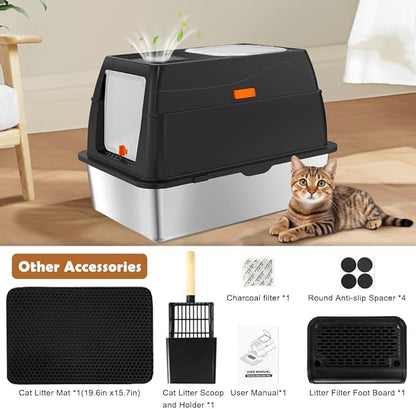 Vivifying Stainless Steel Litter Box with Lid, XL Front Entry Enclosed Extra Large Litter Box for Big Cats & Kitty, Top Exit Metal Cat Pan with Scoop, Mat, Footboard, Charcoal Filter (Black)