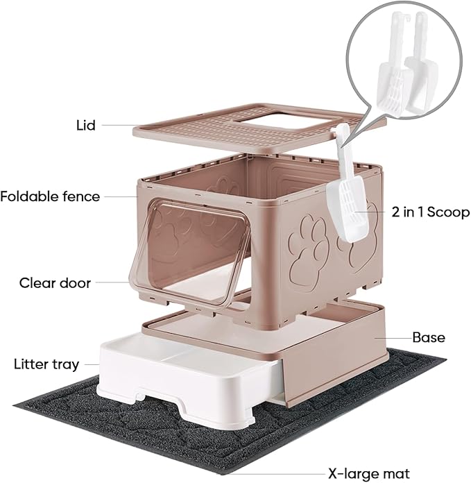 Cat Litter Box with X-Large Litter Mat and Scoop, Large Covered Litter Box with Lid, Enclosed Kitty Box,Front Top Entry Exit, Odor Control Easy to Clean (Upgrade Coffee)