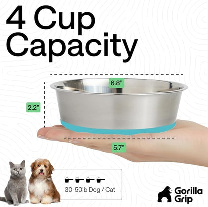 GORILLA GRIP Dog Bowls, Food Grade 304 Stainless Steel Holds 4 Cups Each (32 fl oz) Food and Water Bowl for Feeding Dogs and Cats Dishwasher Safe Rust Resistant BPA Free Rubber Base Set of 2 Turquoise