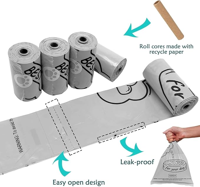 Dog Poop Bags Holder with LED Flashlight|Pet Waste Bags Dispenser for Leash|Doggie Potty Bags Container with Leak-proof Pet Trash Bags and Accessories (Light Gray, 2 Holder 30 Bags)