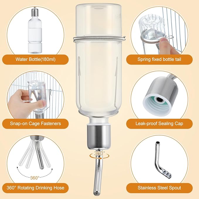 Baluue Dog Water Dispenser No-Drip Pet Water Bottle for Cage Crate 180ml /6Oz Hanging Small Bottle for Cage Crate Raised and Lowered Waterfeeding for Dogs and Small Pets