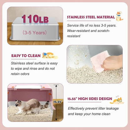 Vivifying Pink Stainless Steel Covered Cat Litter Box – Odor-Control, Easy-Clean Modular Enclosed Kitty Toilet, Elegant Design for Stylish Cat Moms
