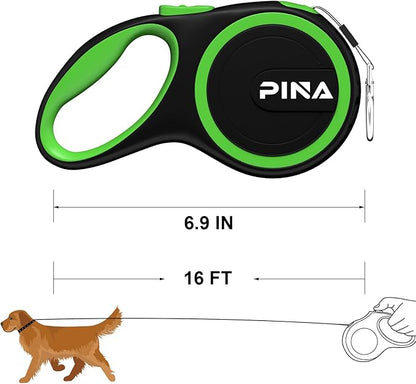 PINA Retractable Dog Leash, 16ft Dog Leash for Small Medium Dogs Up to 44lbs, 360° Tangle-Free Strong Reflective Nylon Tape, with Anti-Slip Handle, One-Handed Brake, Lock - Black Green