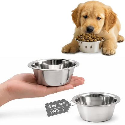 2 Pack Shallow Stainless Steel Cat & Dog Bowls, 1 Cup (8 oz) Each, Heavy Duty Small Pet Only Puppy Kitten & Birds Feeder Replacement Bowl, Rust Resistant Metal Cat Dishes for Food & Water