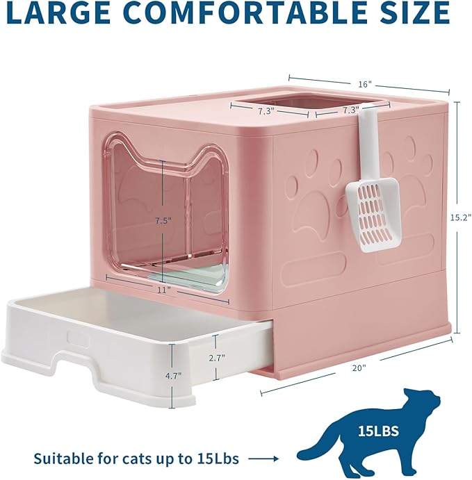 Cat Litter Box with Litter Mat and Scoop, Large Covered Litter Box with Lid, Front Entry Top Exit Kitty Box, Odor Control, Easy to Clean (Pink)