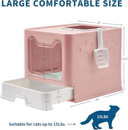 Cat Litter Box with Litter Mat and Scoop, Large Covered Litter Box with Lid, Front Entry Top Exit Kitty Box, Odor Control, Easy to Clean (Pink)