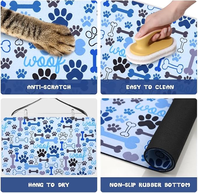 Dog Food Mats for Floors Waterproof, Pet Water Bowl Mats Pet Feeding Absorbent Placemats Blue 12 * 20 inch