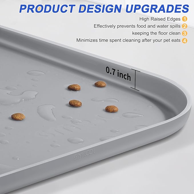 Silicone Pet Feeding Mat with Raised Edge for Food and Water, Dog Bowl Mats, Cat Bowls Placemat with High Lip for Floor Waterproof, Rubber Tray for Cats and Dogs 19 x 12 x0.7 Light Gray