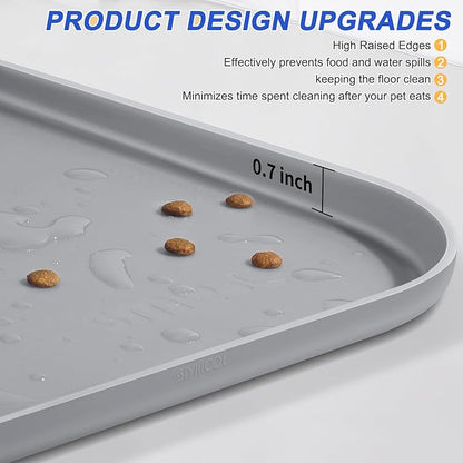 Silicone Pet Feeding Mat with Raised Edge for Food and Water, Dog Bowl Mats, Cat Bowls Placemat with High Lip for Floor Waterproof, Rubber Tray for Cats and Dogs 19 x 12 x0.7 Light Gray