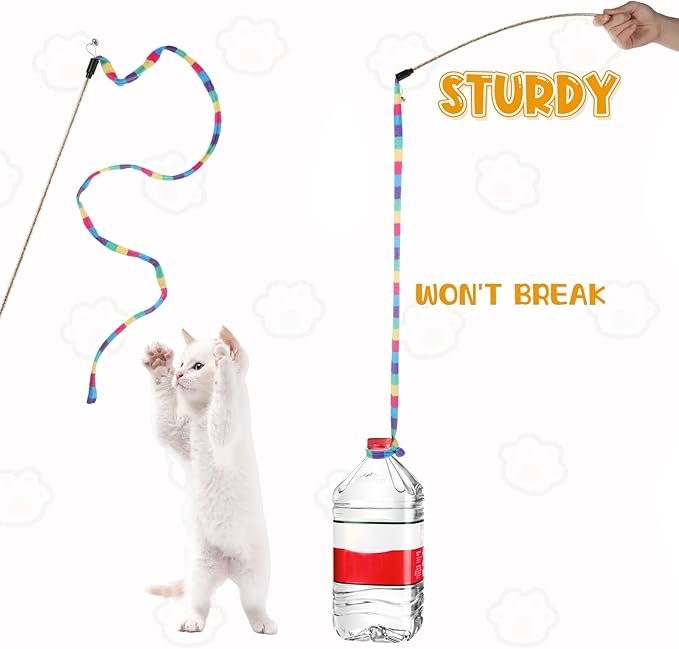 3 PCS Interactive Cat Rainbow Wand Toys, Interactive Cat Teaser Wand Toys for Indoor Cats and Kitten Extended Colorful Cats String Toy with Bells Teaser Wands String for Kitten Kitty Exercise Keep Fit