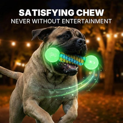 Knot Dog Bone Chew Toy with Squeaky Ball - Glow in The Dark Interactive Dog Chew Toy, Rope Toy for Small, Medium and Large Dogs, Teeth Cleaning and Boredom Relief