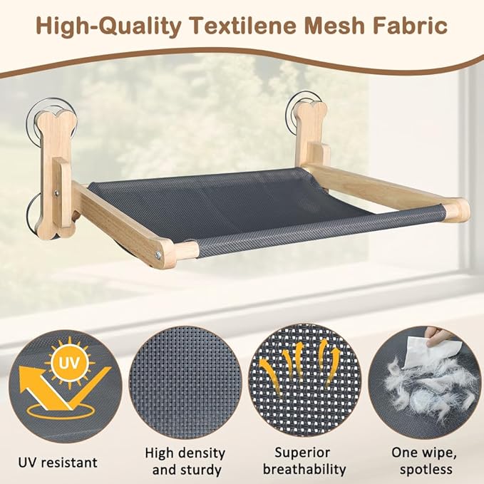 SZEE Cat Window Perch with Breathable Mesh for Airflow, Foldable Cat Window Hammock Bed with Wooden Frame, Equipped with Dual-Sided Mat for All-Season Use, Strong Suction Cups & Solid Thicken Frame