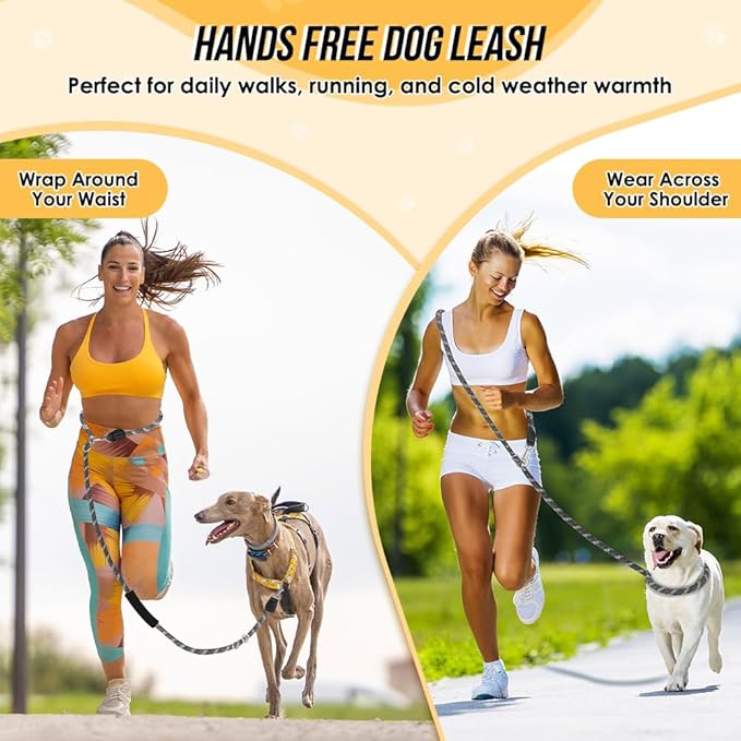 Lukovee Hands Free Dog Leash, 10FT Adjustable Training Lead 1/2 Inch Nylon Heavy Duty Lead No Pull for Large Medium Dogs, Tangle Free Reflective Waist-Leash for Walking Running, Black&Gray