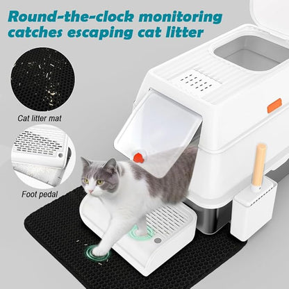 SZEE XL Stainless Steel Litter Box with Lid, Extra Large Metal Covered Litter Box, Stainless Box Easy Clean, Activated Charcoal Odor Control Design, Includes Litter Scoop & Mat & Step, White