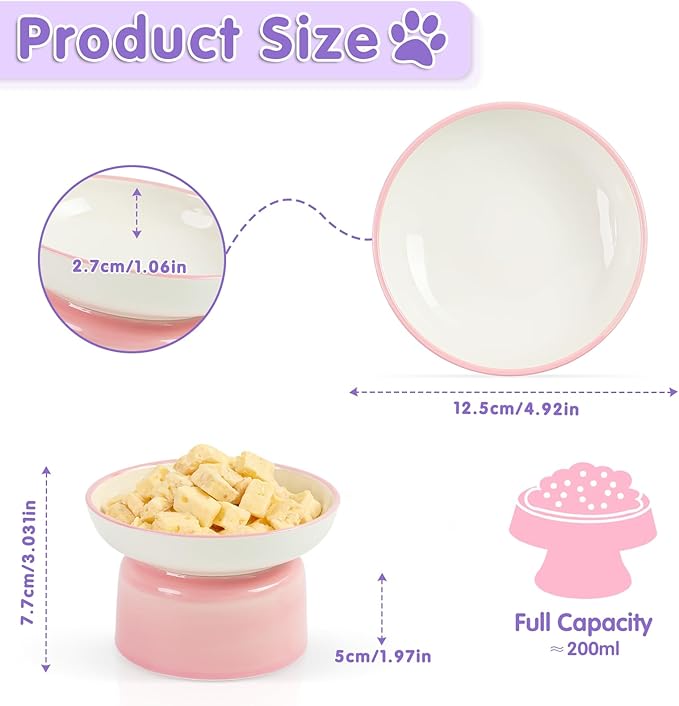 Cat Food Bowl, Ceramic Cat Bowls, Anti Whisker Fatigue Cats Bowl Set,Shallow Wide Kitten Plates for Food and Water (Pale Pink)