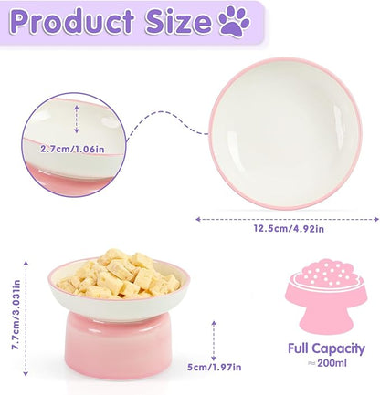 Cat Food Bowl, Ceramic Cat Bowls, Anti Whisker Fatigue Cats Bowl Set,Shallow Wide Kitten Plates for Food and Water (Pale Pink)
