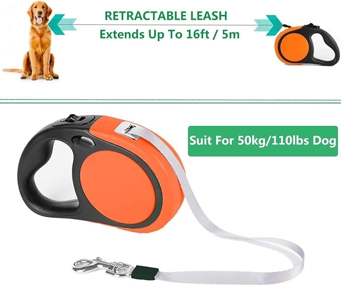 Dual Retractable Dog Leash for Small Breed (Up to 44 Lbs Each) - Double Headed 16 ft Extendable Pet Leash with Poop Bags, Non Slip Grip - One Button Break & Lock, 360 Tangle-Free (Orange, Medium)
