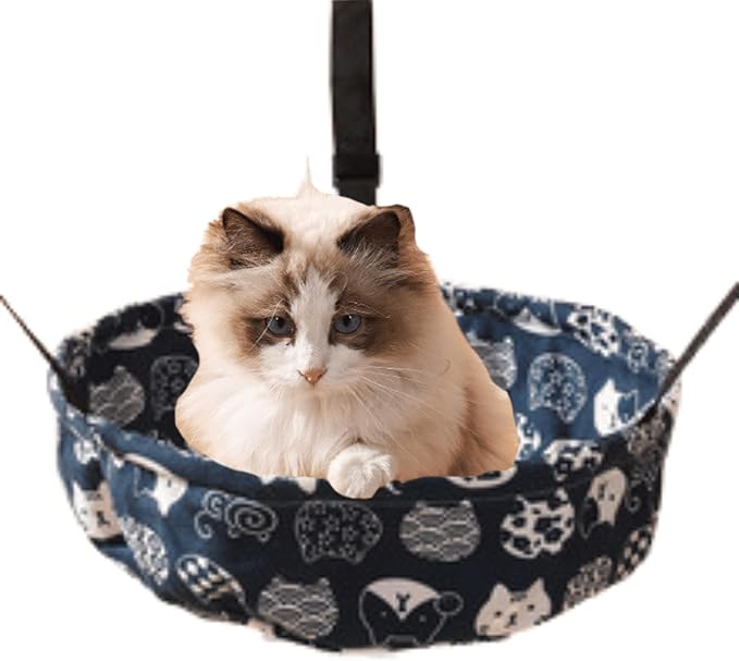 Cat Hammock Lounge Cat Hanging Bed for Cage Kennel Chair with Metal Frame, Adjustable Straps, Built-in Steel Support, Suitable for All Seasons (Blue,Small)