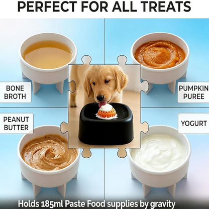 Lick and Roll Slow Feeder Bowl for Dogs, Food-Grade Rubber, Interactive Treat Feeding, Anti-Slip, Built-in Ball Roller, for Small, Medium and Large Breeds (Black)