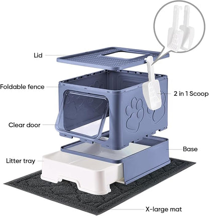 Cat Litter Box with X-Large Litter Mat and Scoop, Large Covered Litter Box with Lid, Enclosed Kitty Box,Front Top Entry Exit, Odor Control Easy to Clean (Upgrade Midnight)