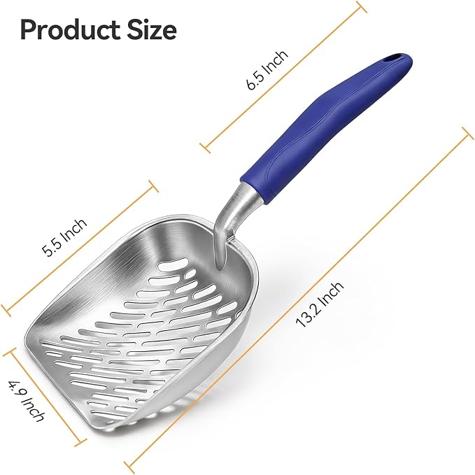 Cat Litter Scoop, Metal Scooper for Cat Box, Aluminum Alloy Sifter, Deep Shovel Poop Cleaner, Long Handle Ergonomic Grip, Rustproof Waterproof Construction, Design for Litter Box Cleaning