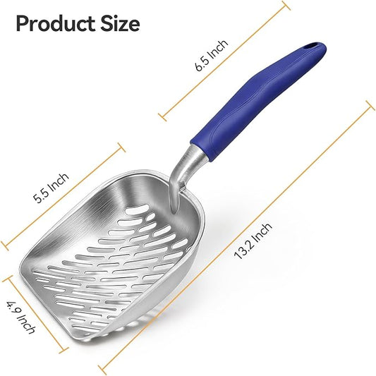 Cat Litter Scoop, Metal Scooper for Cat Box, Aluminum Alloy Sifter, Deep Shovel Poop Cleaner, Long Handle Ergonomic Grip, Rustproof Waterproof Construction, Design for Litter Box Cleaning