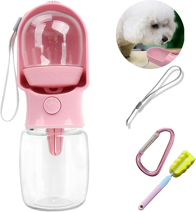 Dog Water Bottle with Food Container, Portable Pet Dispenser with Lock and Cleaning Brush,Dogs Stuff Water Bottle for Hiking,Travel (Pink)