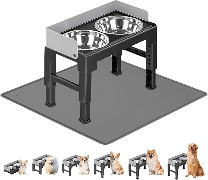 Marchul Elevated Dog Bowls, Raised Dog Food Water Bowl with 2 Thick Stainless Steel Bowls, 6 Height Adjustable, Non-Slip Stand, Spill-Proof for Medium Large Dogs (with Fence + Mat)
