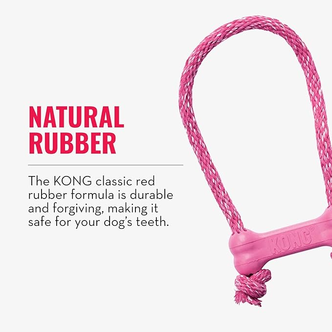 KONG Puppy Goodie Bone with Rope - Natural Rubber Bone with Cotton Rope - Teeth Cleaning Chew Toy for Growing Puppies - for XS Puppies - Pink