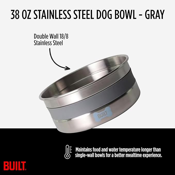 BUILT 38 Oz Dog Bowl - Non-Skid Pad & Soft Grip Ring - Double Wall Stainless Steel, BPA-Free, Non-Porous & Rust-Resistant - Pet Food & Water Bowl for Dogs & Cats - Heavy Duty (Grey)