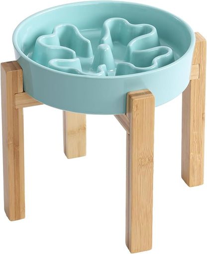 Slow Feeder,Ceramic-Slow Feeder Dog Bowls Elevated for Medium Breed,2.5 Cups Slow Feed Dog Bowl with Stand,Turquoise