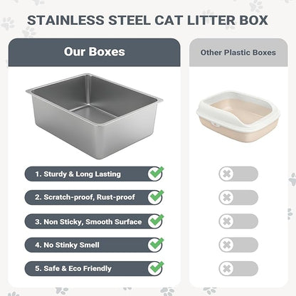 Kirecoo Stainless Steel Litter Box, Large Low Entry Metal Cat Pan Box, Indoor Litter Tray, Non Stick, No Smell, Easy to Clean, Pet Toilet Supplies for Cats