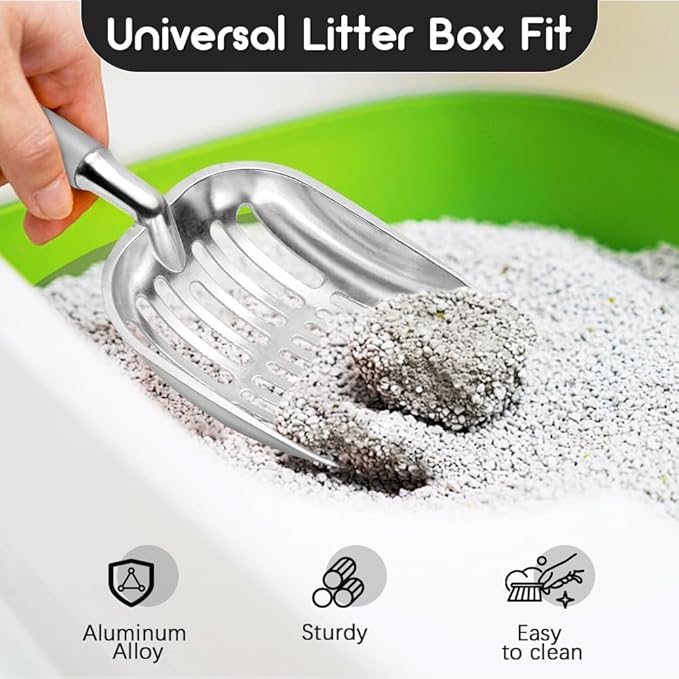 Cat Litter Scoop, Metal Cat Scooper, Plastic Handle Scoop, Sifting Shovel for Christmas – Heavy Duty Aluminum Alloy Litter Box Scoop with Deep Mesh, Design for Easy Waste Removal and Cleaning(Gray)
