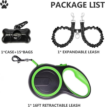 Dual Retractable Dog Leash for 2 Dogs - 16ft Heavy-Duty Retractable Leash for Small to Medium Dogs up to 44lbs, One-Hand Control with Lock & Brake, Anti-Tangle Design & Non-Slip Grip (Green)
