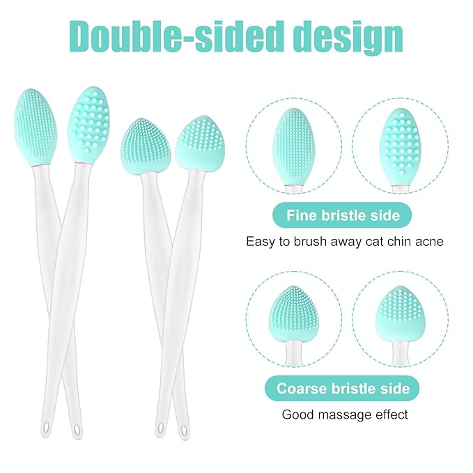 4pcs Cat Acne Brush Set, 2 Styles Double-Sided Scraper Silicone Soft Cat Brush Dual Sided Black Seed Exfoliating Cleaning Brushes for Pet Chin Acne and Blackhead