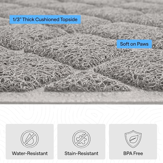 GORILLA GRIP Cat Litter Box Mat, 47x35, Cushioned Coil Mesh Litter Trapping Mats, Scatter Control Supplies for Less Mess, Phthalate Free, Ultra Deep Catch Grooves, Rinse or Vacuum to Clean, Light Gray