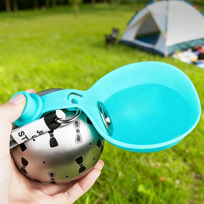Foldable Pet Water Bottle, Portable Leak Proof Dog Water Bottle with Silicone Drinking Bowl, 304 Stainless Steel Travel Water Dispenser for Dogs and Cats, 287ML (Blue+Print)
