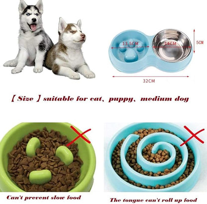 Double Pet Slow Feeder Bowl,Stainless Steel Anti-Choke Puppy Food and Water Feeder with Pet Finger Toothbrush for Small Medium Dog Cats Healthy Care and Adjust Weight