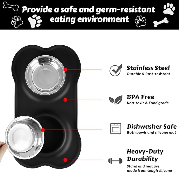 Pet Deluxe Dog Bowls Stainless Steel Dog Food Water Bowl Set with Stand, Feeding Bowls No Spill Non-Skid Silicone Mat, Dog Dishes for Small Medium Large Size Dog Puppy Pet Food Bowls, Black, 4 Cup